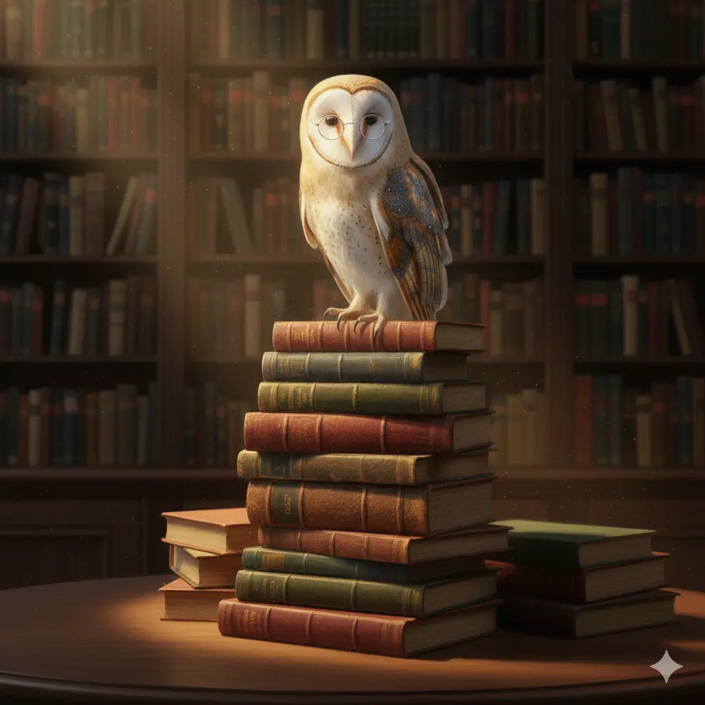 A cinematic fantasy oil painting of a wise owl in a library, created by AI using a detailed and stylized prompt