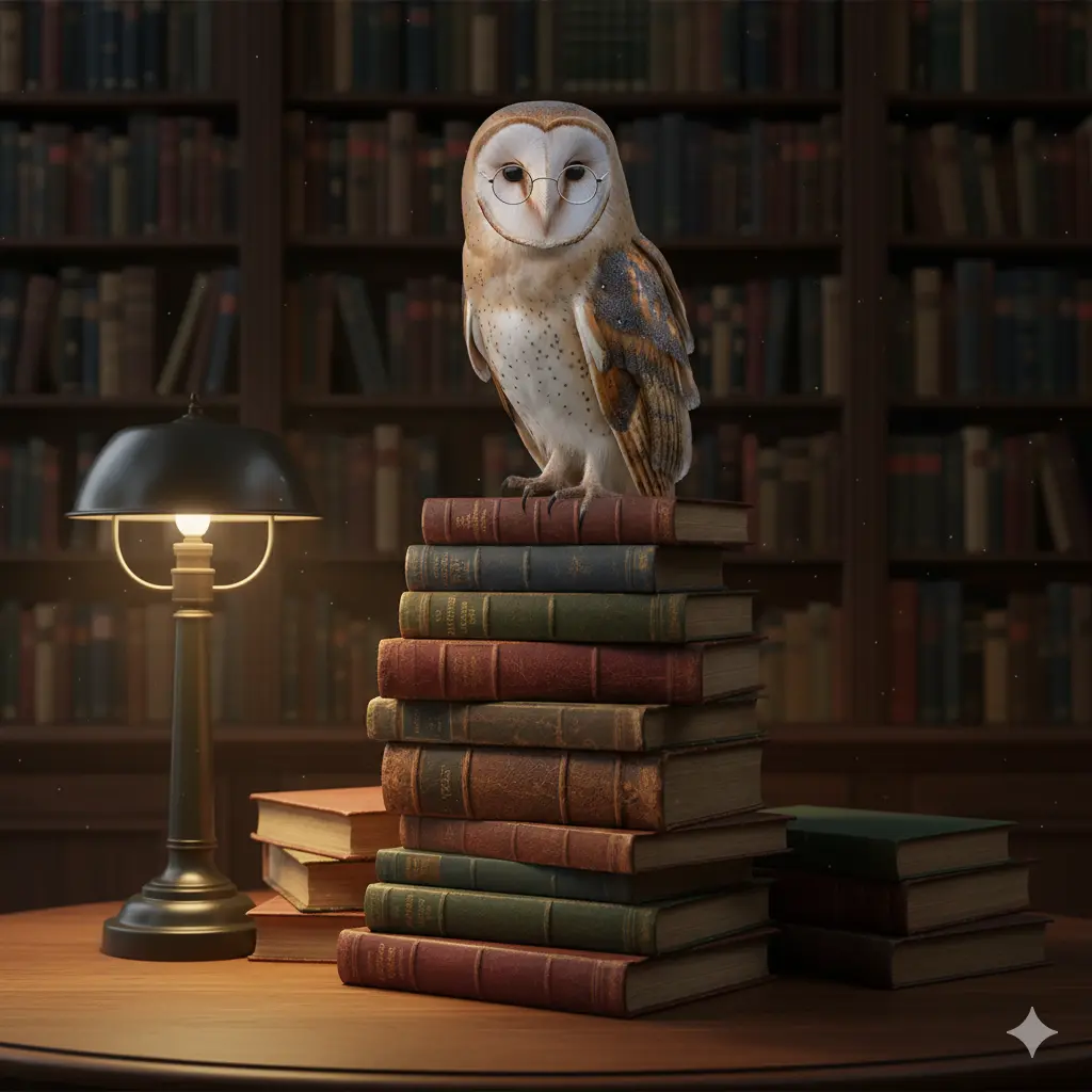 An AI-generated scene of a wise owl with glasses perched on a stack of books within a library setting