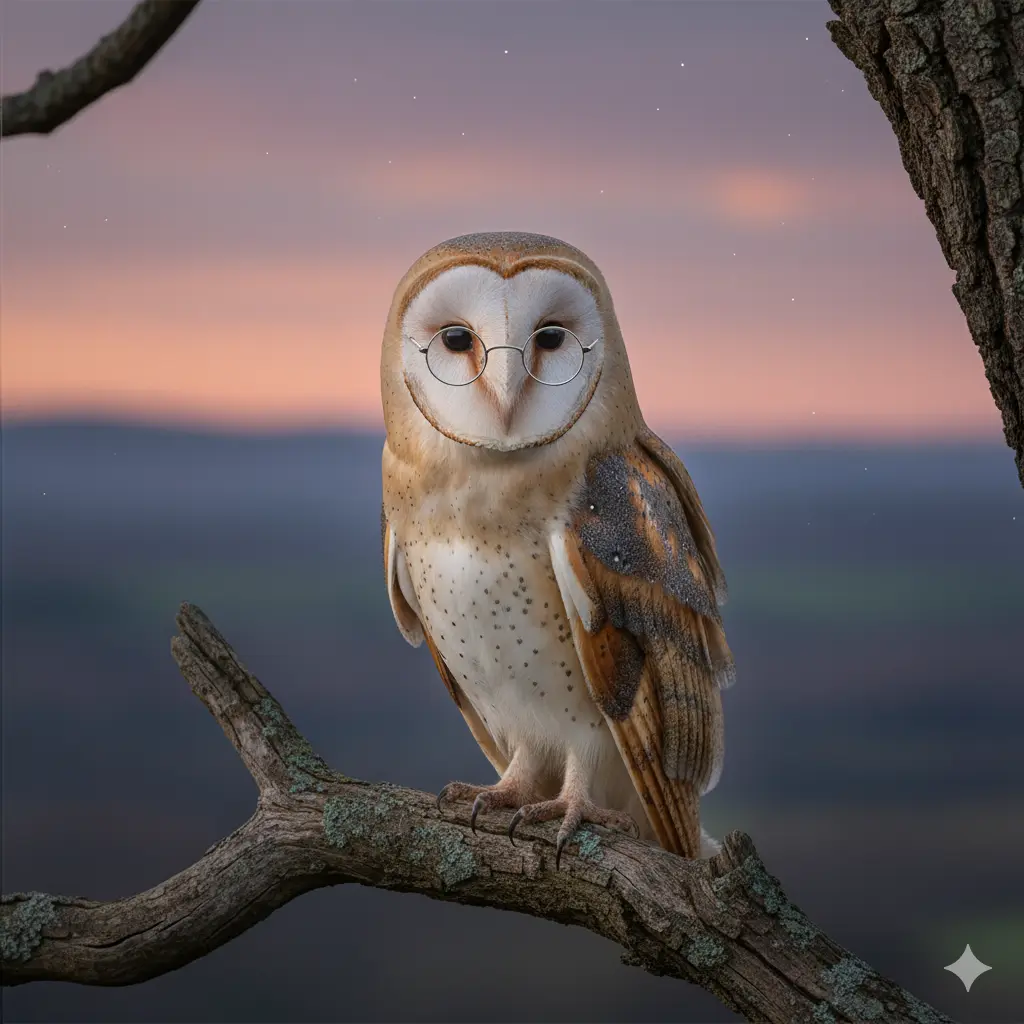 An AI artwork of a wise old owl wearing glasses, demonstrating the effect of adding descriptive details to a prompt
